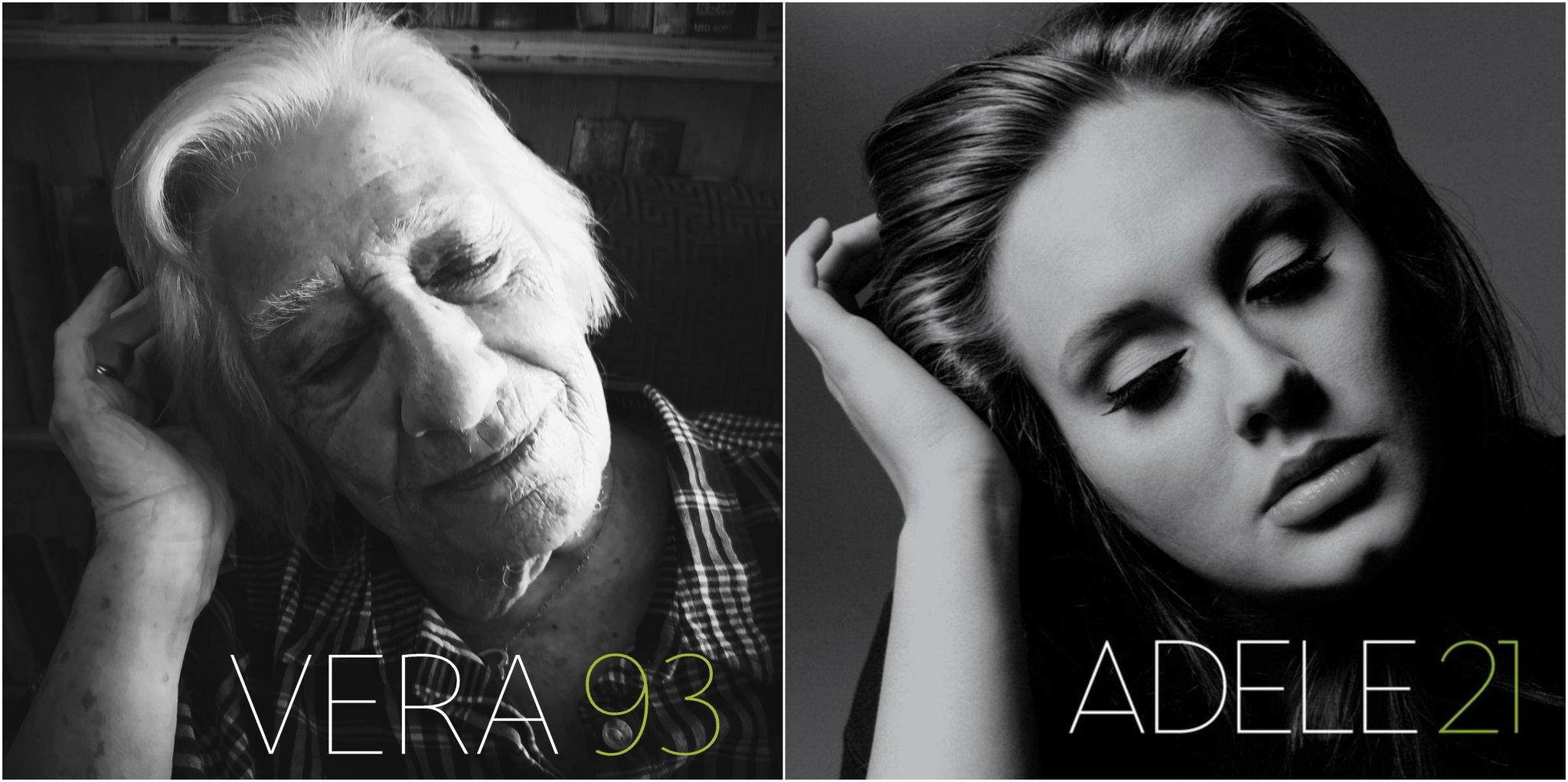 comparaison de la pochette d'album d'Adele et d'un pastiche d'une personne âgée qui imite ladite pochette